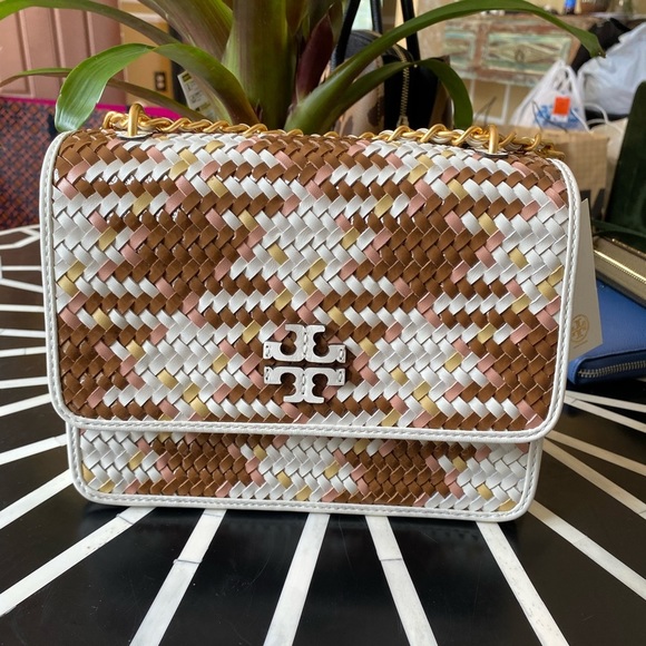 Tory Burch Handbags - Tory Burch Britten Multicolor Cream & Pink Woven Small Adjustable Shoulder Bag